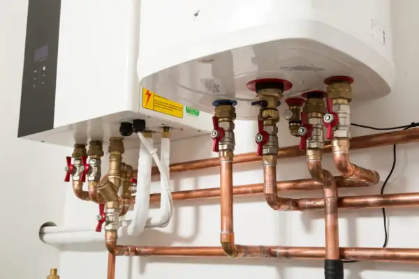 Instalacja grzewcza z pompą ciepła. Widoczne miedziane rury, zawory i przyłącza do istniejącej instalacji.