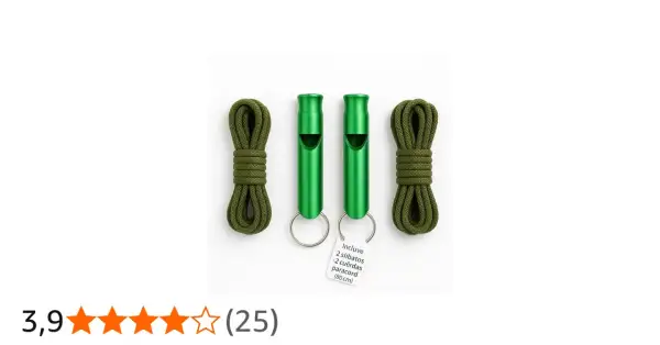 Dos silbatos verdes con un cordón paracord a cada lado, listos para la aventura.