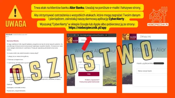 Ostrzeżenie przed oszustwem na Alior Bank. Uważaj na fałszywe strony i e-maile, które mogą dotyczyć przelewu zagranicznego/walutowego.