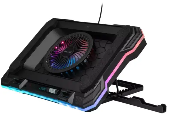 Czarna podkładka pod laptopa z wentylatorem i kolorowym podświetleniem RGB. Idealna do chłodzenia sprzętu podczas grania.