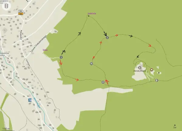 Mapa turystyczna z zaznaczonym szlakiem do jaskini i Zamek Chojnik koło Jeleniej Góry.