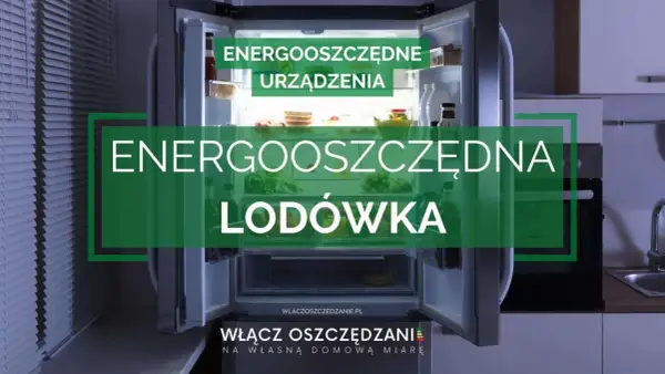 Otwarta, energooszczędna lodówka z jedzeniem i zielonym napisem "ENERGOOSZCZĘDNA LODÓWKA".