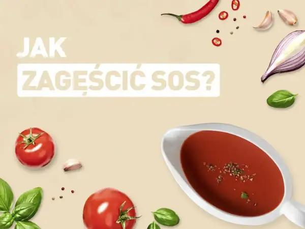 Jak zagęścić sos? Na tle składników: pomidory, bazylia, czosnek, cebula, papryczka chili, pieprz. Sos w sosjerce.