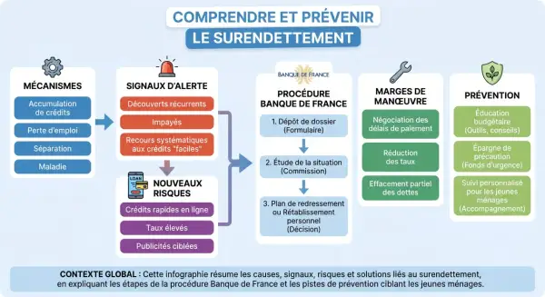 Infographie sur le surendettement : causes, signaux, risques, procédure Banque de France et prévention. La définition du moratoire est implicite dans les marges de manœuvre.