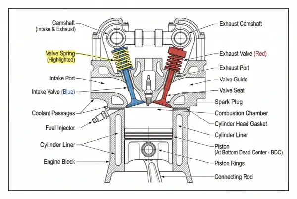 Detaljerad illustration av en motorcylinder med kolv, ventiler och kamaxel. En gulmarkerad ventilfjäder kan indikera problem med dålig kompression.