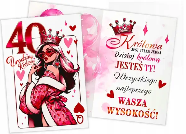 Karty z życzeniami na 40 urodziny dla królowej. Stylizowana grafika kobiety w koronie i płaszczu w serduszka.