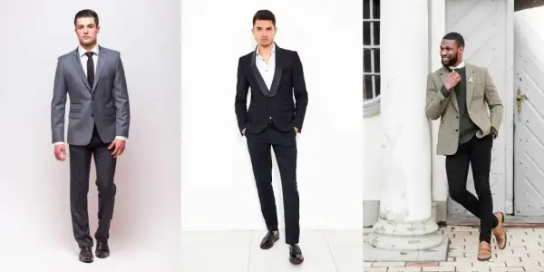 Trzech mężczyzn w eleganckich stylizacjach. Jeden w szarym garniturze, drugi w czarnym smokingu, a trzeci w tweedowej marynarce i czarnych spodniach. Brązowe buty do czarnych spodni wyglądają stylowo.