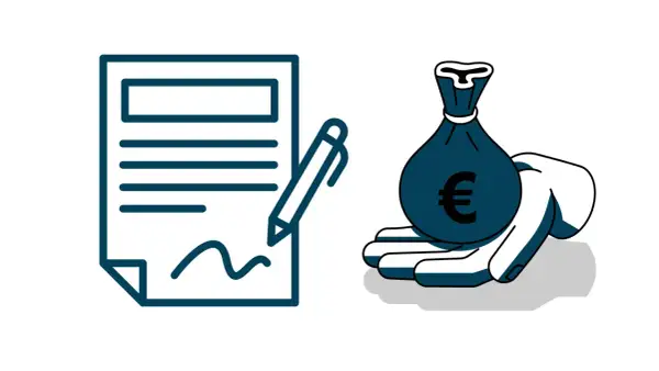 Umowa i worek z euro symbolizują niemieckie prawo pracy, które reguluje warunki zatrudnienia i wynagrodzenia.