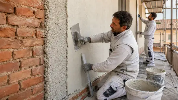 Un operaio intonaca un muro senza intonaco, mentre un collega lavora sullo sfondo. Lavori di ristrutturazione in corso.
