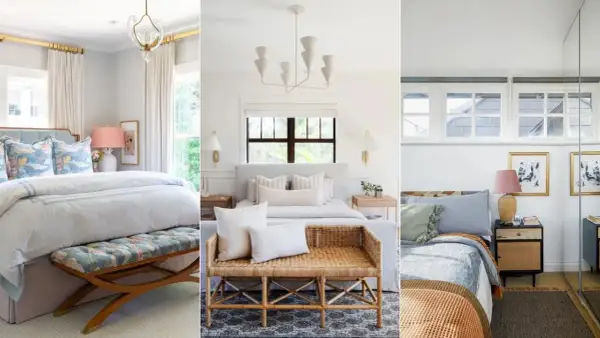 Three stylish bedrooms feature a bed against a window, each with unique decor.