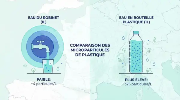 Comparaison de la composition eau du robinet et eau en bouteille. L'eau du robinet contient peu de microparticules, contrairement à l'eau en bouteille.