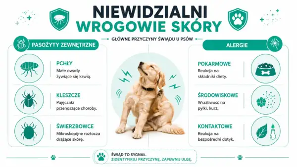 Pies drapie się z powodu pasożytów zewnętrznych (pchły, kleszcze, świerzbowce) lub alergii (pokarmowych, środowiskowych, kontaktowych).