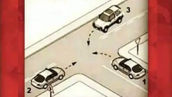 Tres coches en una intersección. El coche 3 tiene la prioridad de paso, seguido por el 2 y luego el 1.