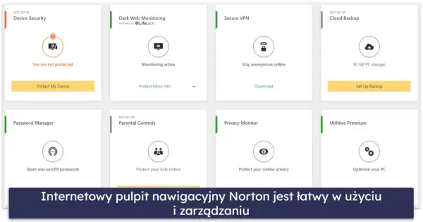 Pulpit Norton pokazuje funkcje: Device Security, Dark Web Monitoring, Secure VPN, Cloud Backup, Password Manager, Parental Controls, Privacy Monitor, Utilities Premium. Jaki antywirus? Norton.