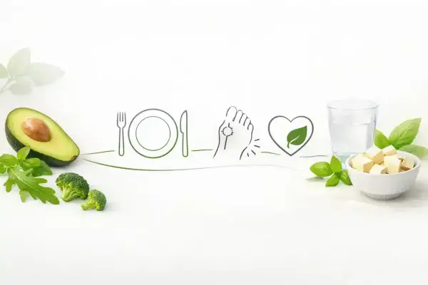 Awokado, brokuły, rysunek stopy z bólem, serce z liściem, szklanka wody i tofu.