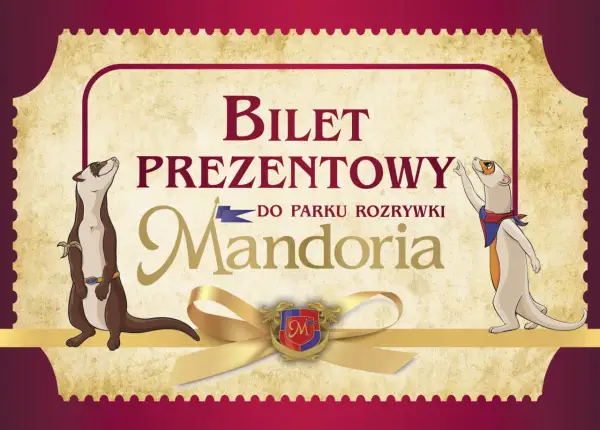 Bilet prezentowy do parku rozrywki Mandoria. Dwa urocze zwierzątka zapraszają do zabawy.