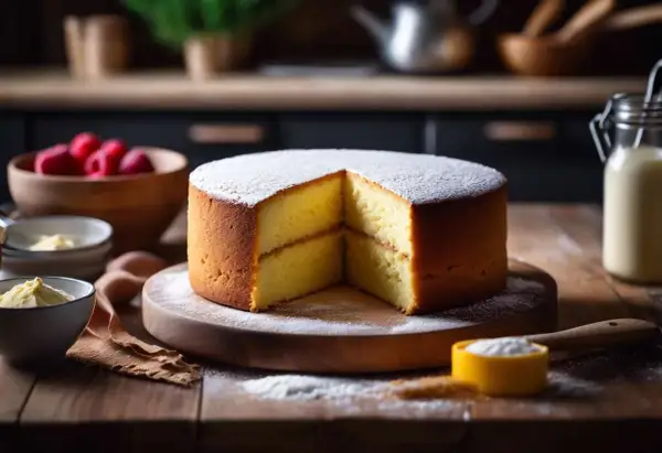 Gâteau génoise aérien, saupoudré de sucre glace, prêt à être garni. Les ingrédients pour cette recette genoise sont à proximité : framboises, œufs, lait.