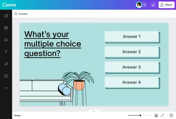 Stwórz quizy o grach z pytaniem "What's your multiple choice question?" i czterema odpowiedziami.