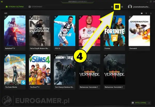Ikona udostępniania w GeForce Experience, gdzie można włączyć licznik FPS. Widoczne gry: Battlefield V, Call of Duty, FIFA 19, Fortnite, Overwatch.