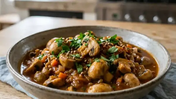 Un plat de champignons à la grecque, mijoté avec des carottes et des herbes, servi dans un bol rustique.