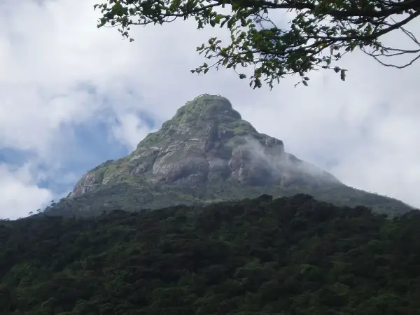 Adams Peak reser sig majestätiskt, klädd i grönska och omfamnad av moln.