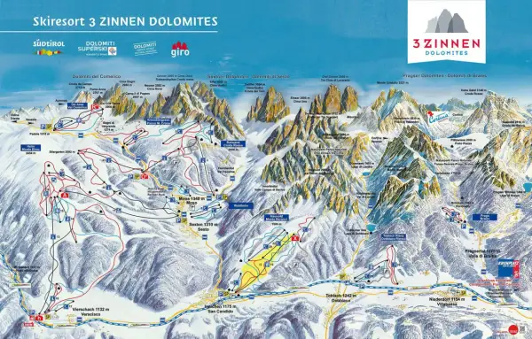 Mapa ośrodka narciarskiego 3 Zinnen Dolomites z zaznaczonymi trasami i szczytami, w tym słynnymi Tre Cime.