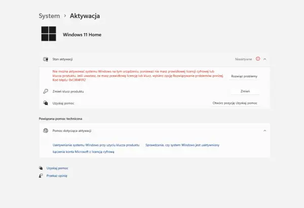 Stan aktywacji Windows 11 Home: Nieaktywne. Brak prawidłowej licencji lub klucza produktu. Możliwość rozwiązania problemów lub zmiany klucza.