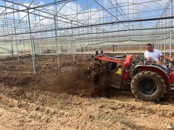 Trattore aratura in serra, lavorando il terreno per arricchirlo di sostanza organica.