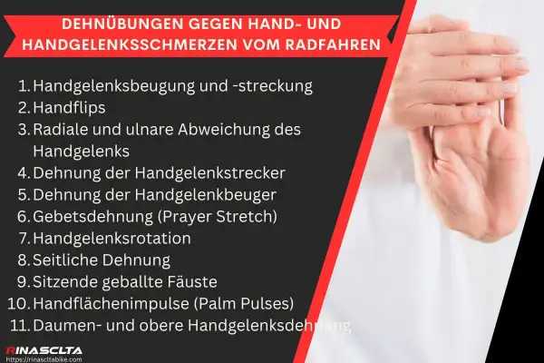 Schluss mit stechendem Schmerz im Handgelenk bei Drehbewegung! Liste mit Dehnübungen gegen Handgelenkschmerzen vom Radfahren.