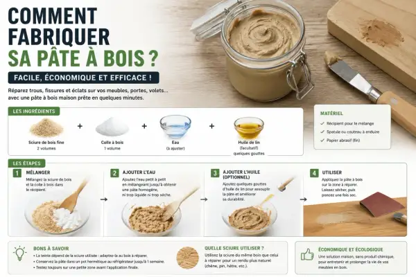 Pâte à bois maison : mélangez sciure, colle et eau pour un résultat parfait. Idéal pour réparer meubles et boiseries.