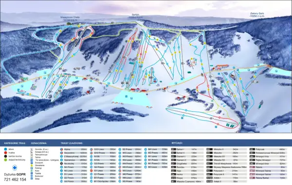 Mapa ośrodka narciarskiego z trasami, wyciągami i parkingami. Idealna do planowania dnia na stoku i zakupu skipassu.