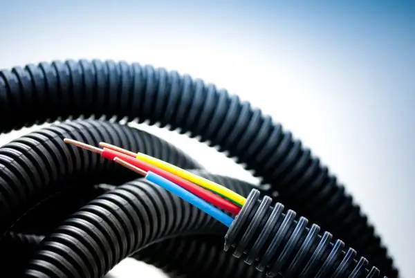 Trois fils électriques aux couleurs vives (rouge, jaune, bleu) sortent d'une gaine électrique noire ondulée.