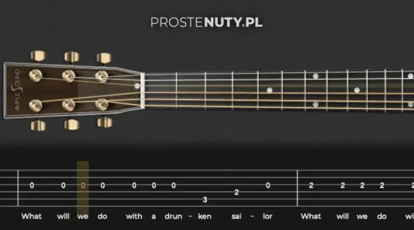 Proste nuty na gitarze dla początkujących. Widok gryfu gitary z tabulaturą i tekstem piosenki.