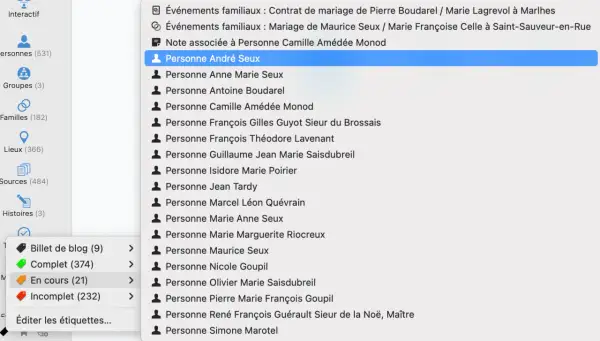 Liste de personnes dans un logiciel de généalogie, "Personne André Seux" est sélectionné. ad65 en ligne.