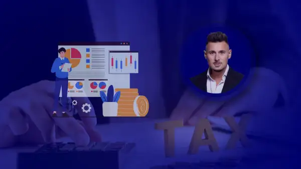 Biznesmen analizuje dane finansowe, stosując kalkulator do obliczeń. Słowo TAX i stos monet sugerują tematykę podatkową, w tym vat-r.