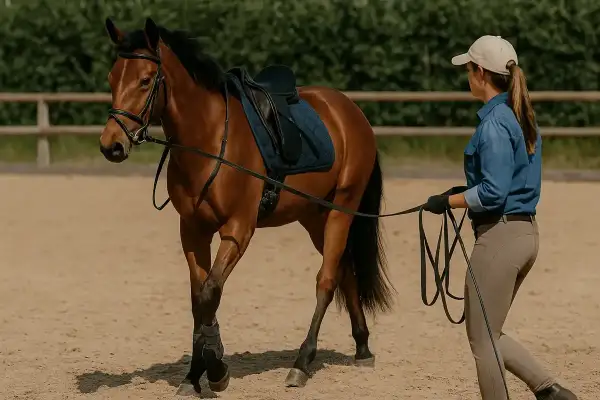 Trening konia na lonży. Brązowy koń w siodle i kobieta w czapce prowadząca go na lonży na piaszczystym placu.