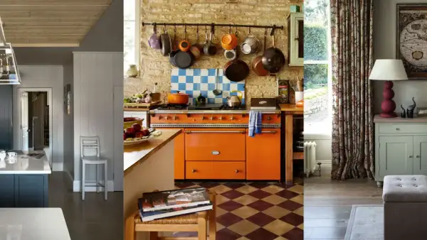 A collage of three rooms showcasing farmhouse style: a modern kitchen island, a rustic kitchen with an orange range, and a living area with floral curtains and a map.