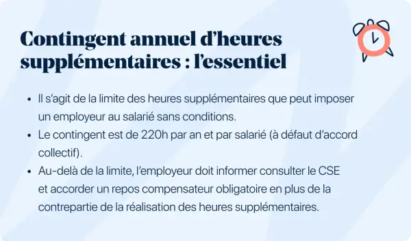 Le contingent annuel d'heures supplémentaires est de 220h par salarié. Au-delà, l'employeur doit informer le CSE et accorder un repos compensateur.