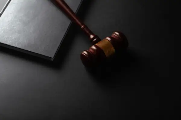 Marteau de juge sur un livre noir, symbolisant le vol et l'escroquerie en droit pénal.