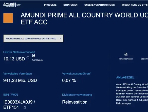 Amundi Prime All Country World UCITS ETF ACC: Nettoinventarwert 10,13 USD, verwaltetes Vermögen 941,23 Mio. USD, Verwaltungsgebühren 0,07%.