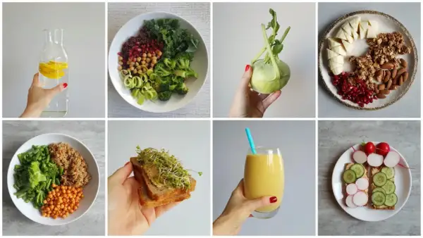 Zdrowe posiłki wspierające płaski brzuch: woda z cytryną, sałatka, kalarepa, musli z owocami, ryż z warzywami, kanapki, smoothie, przekąski.