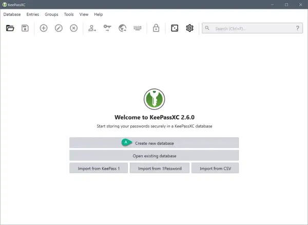 Ekran startowy KeePassXC 2.6.0, gdzie można stworzyć nową bazę danych lub otworzyć istniejącą. Bezpieczne przechowywanie haseł, jak na Niebezpiecznik.