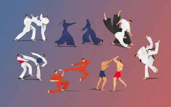 Illustration av olika kampsporter, inklusive japansk brottning. Människor i rörelse, vissa med vapen, andra i närstrid.