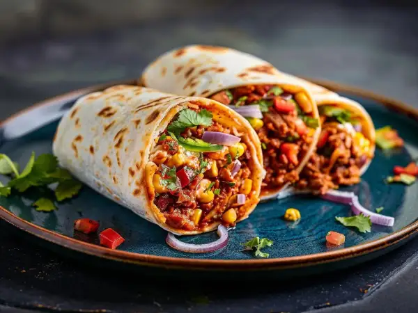 Pyszna tortilla z grilla, pełna mięsa, kukurydzy, fasoli i świeżych warzyw, podana na talerzu.