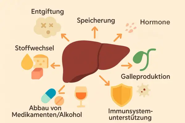 Leberfunktionen: Entgiftung, Stoffwechsel, Speicherung, Hormonproduktion, Gallederivaten, Immununterstützung, Abbau von Medikamenten/Alkohol. Sie hilft auch, was sind freie Radikale zu neutralisieren.