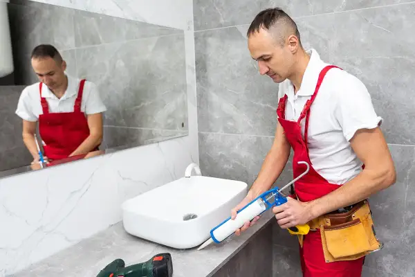 Remont łazienki: fachowiec nakłada silikon sanitarny wokół umywalki. Dowiedz się, ile powinien schnac silikon sanitarny.