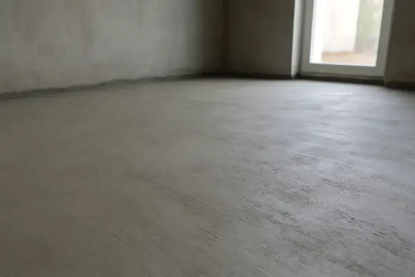 Świeżo wylana posadzka betonowa w pustym pomieszczeniu. Czekamy, aż beton wyschnie, zanim będziemy mogli kontynuować prace.