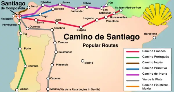 Mapa szlaków Camino de Santiago. Fioletowa linia oznacza Camino del Norte, prowadzącą przez Santander i Bilbao do Santiago.