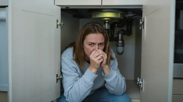 Femme inquiète sous un évier, face à un **tout à l'égout bouché que faire** ? Les tuyaux sont visibles.