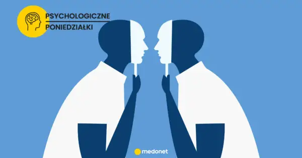 Dwie postacie trzymają maski, odsłaniając swoje prawdziwe twarze. Ilustracja symbolizuje, czego boi się socjopata – ujawnienia swojej prawdziwej natury.